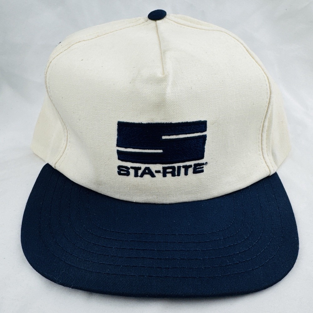Vintage 90s Sta-Rite Water Pumps Strapback Hat USA Made White Navy